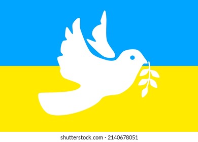 A white dove with a branch on background blue and yellow colors of ukrainian flag. A symbol of peace for Ukraine