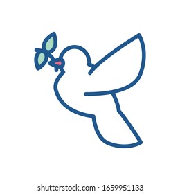 White dove with branch over white background, line style icon, vector illustration