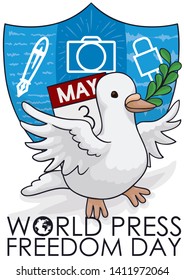 White dove with calendar over shield with icons to exercise the free journalism career and the protection of the free speech during World Press Freedom Day in graphic, written media and broadcasting.