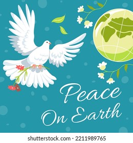 White dove carrying flower branch in claws, pigeon with blooming flora. Peace on earth, tranquility and peacefulness. Avian animal with floral decoration and ornaments. Vector in flat styles