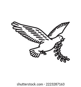 White dove carrying laurel twig vector line icon