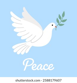 White dove carrying olive branch flat illustration. Peace, unity, faith symbol.