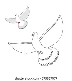 White Dove coloring book. Flying pigeon. Contour bird waving wings. Childrens coloration with flyer.

