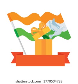 white dove coming out of gift box with flags india and ribbon on white background vector illustration design