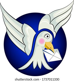 White dove with an envelope in its beak. Logo for fast delivery or mailing.