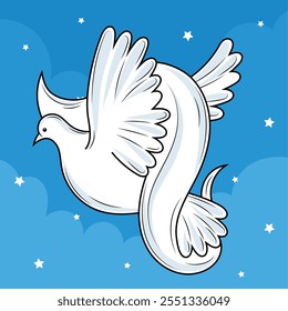 White dove with extended wings in blue sky, Vector