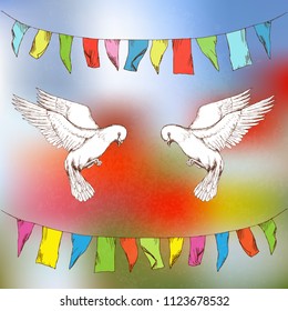 White dove flies. Bird on colored background, elements for festive design. Hand drawing in sketch style. Vector illustration. EPS10.