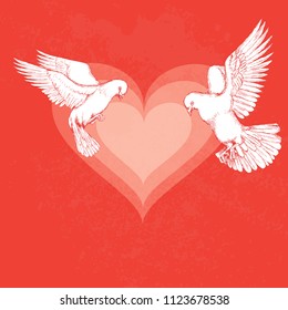 White dove flies. Bird on color background, hearts for romantic design. Hand drawing in sketch style. Vector illustration. EPS10.