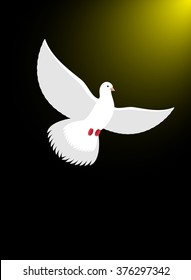 White dove flies in dark on divine light. Magical glow and bird. Christian symbol illustration of Ascension of soul 