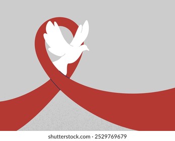 A pomba branca voa através de uma fita vermelha como um símbolo de esperança e apoio. Conceito de conscientização para o Dia Mundial da Aids, Saúde Cervical, Pressão Arterial Elevada e Meses de Leucemia. Ilustração vetorial