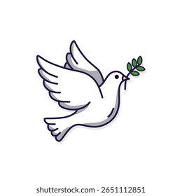A white dove in flight, carrying a green olive branch in its beak, a universal symbol of peace, hope, and new beginnings.