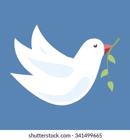 White dove in flight with green olive branch in its beak on blue background. EPS 8 vector illustration, no transparency