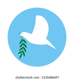 White dove in flight holding an Olive Branch. Vector Concept illustration