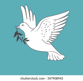 White dove in flight holding an Olive Branch on blue background. Vector illustration.