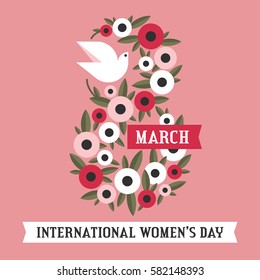 White dove and flowers of anemone and 8 March lettering on pink ribbon. International women's day greeting card