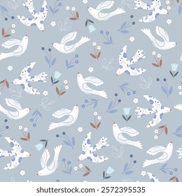 White dove and flowers on blue background, hand drawn illustration with birds, seamless pattern.