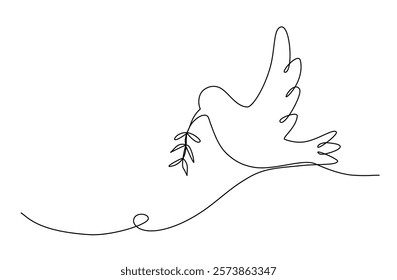 White dove flying gracefully with an olive branch in its beak representing peace and freedom, Continuous one line vector illustration hand drawn, Editable stroke