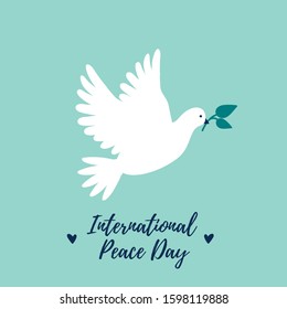 White Dove flying and holding green leaves as peace symbol for International Peace Day. Pigeon bird. Cute cartoon vector illustration.