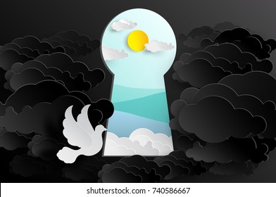 White Dove flying to keyhole and Black cloud around  on wonderful land of peace  in Paper cutting Style