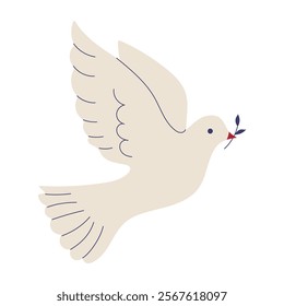 A white dove is flying with a leaf in its beak. Concept of peace and tranquility, as the dove is a symbol of hope and freedom. The leaf in its beak could represent growth and new beginnings