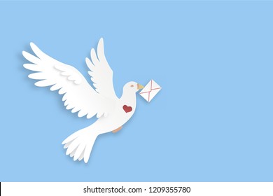 White Dove Flying With A Letter On A Blue Background. White Dove With A Heart On His Chest. Modern Paper Cut Art. 