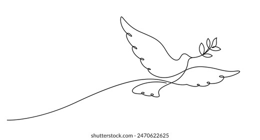 white dove flying with olive branch peaceful and freedom conceptual one line drawing continuous