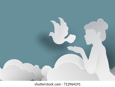 White Dove Flying Out Of Lady Hand In Paper Cutting Style,International Working Women's Day