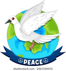 White dove flying over globe with peace banner