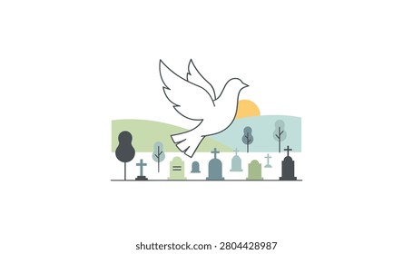 White dove flying over a graveyard with headstones and trees during sunset in a simple flat vector illustration style for peaceful themes.