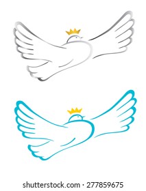 White dove with a golden crown on a white background.