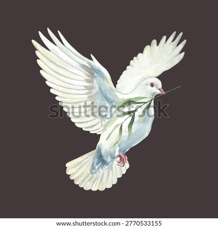 White dove with a green twig in its beak. Hand drawn vector watercolor illustration of a bird and flower for card design for Mothers Day, Communion, Baptism and Easter. Suitable for large banners.