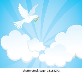 White dove with a green twig in the cloudy sky. Vector illustration.