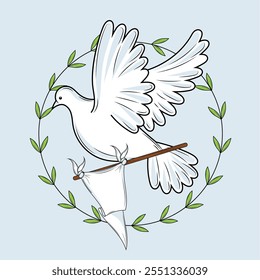 White dove holding flag with olive wreath, Vector