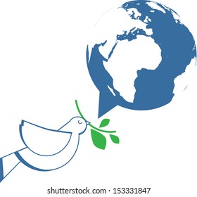 white dove holding olive branch with world as speech bubble