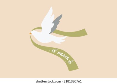 White Dove holding peace ribbon. Peace day concept. Colored flat graphic vector illustration.