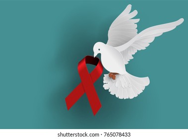 white dove holding Red ribbon in AIDS sign shape flying on Blue background for in World AIDS Day 