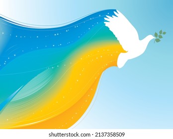 White Dove holding Ukraine flag with branch symbol of peace.