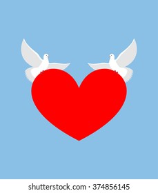 White Dove holds heart. Two bird is symbol of purity. lovebirds bear love. Element for Valentines day