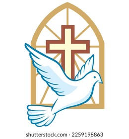 White dove of the Holy Spirit with stained glass and cross in the background