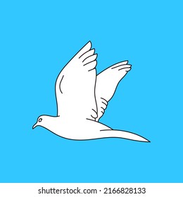 white dove line art illustration on blue background. Beautiful pigeons faith and love symbol.