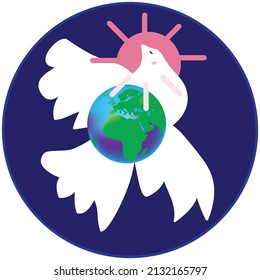  The white dove logo protects the globe from fire, embraces it with its wings. Isolated vector image on a blue background.
