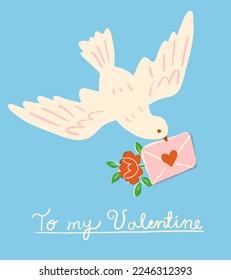 White dove with a love letter and a flower. Vector illustration for the Valentine's Day in cute retro style. Flying pigeon with a message for a loved one. Banner or postcard template.