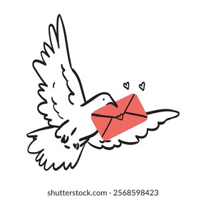 White dove with love letter flying. Vector illustration for the Valentine's Day in cute retro doodle style. Flying pigeon with message for beloved one. Drawing for banner, greeting or postcard.