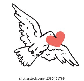 White dove with love letter flying. Vector illustration for the Valentine's Day in retro doodle style. Flying pigeon with heart shape message for beloved one. Drawing for banner, greeting or postcard.