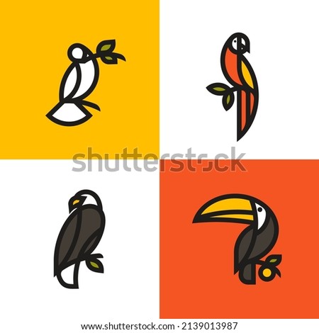 White dove, macaw parrot, bald eagle and toucan. Bold line style logo mark templates or icons set of birds sitting on branches
