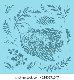 Paloma blanca con ramas de olivo, aves, florales y ramas de colección vectorial. Concepto del Día Internacional de la Paz, símbolo del amor y la libertad