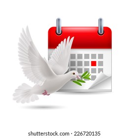 White dove with olive branch and calendar with marked day. Peace day concept
