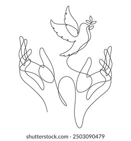 white dove with olive branch and caring hands one line drawing continuous vector illustration peace and freedom concept