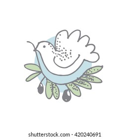 white dove with olive branch drawn in simple style. vector illustration of peace pigeon in circle 