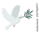 White dove with olive branch flying, symbol of peace, isolated